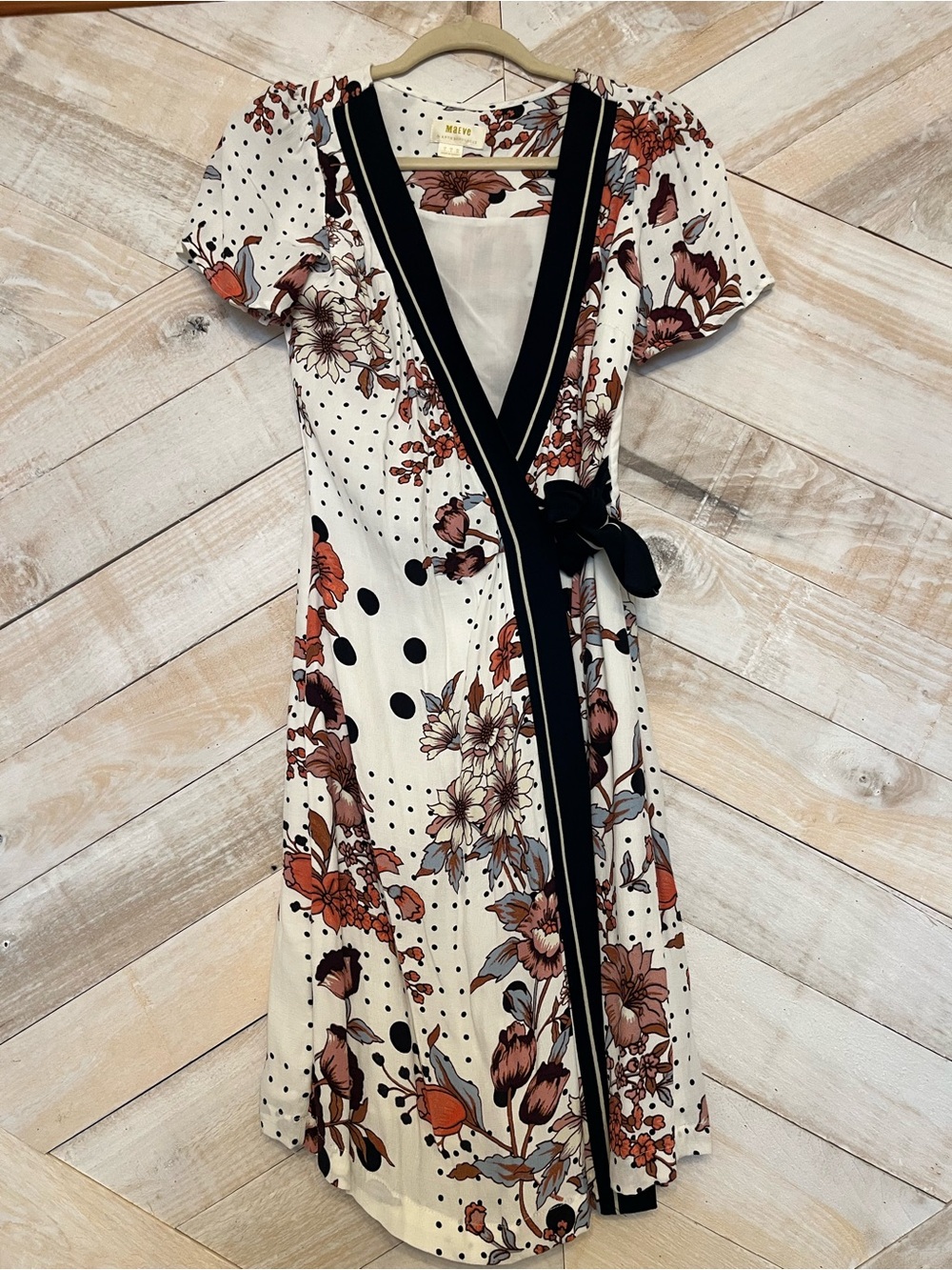 Maeve Cream Floral and Black Wrap Midi Dress